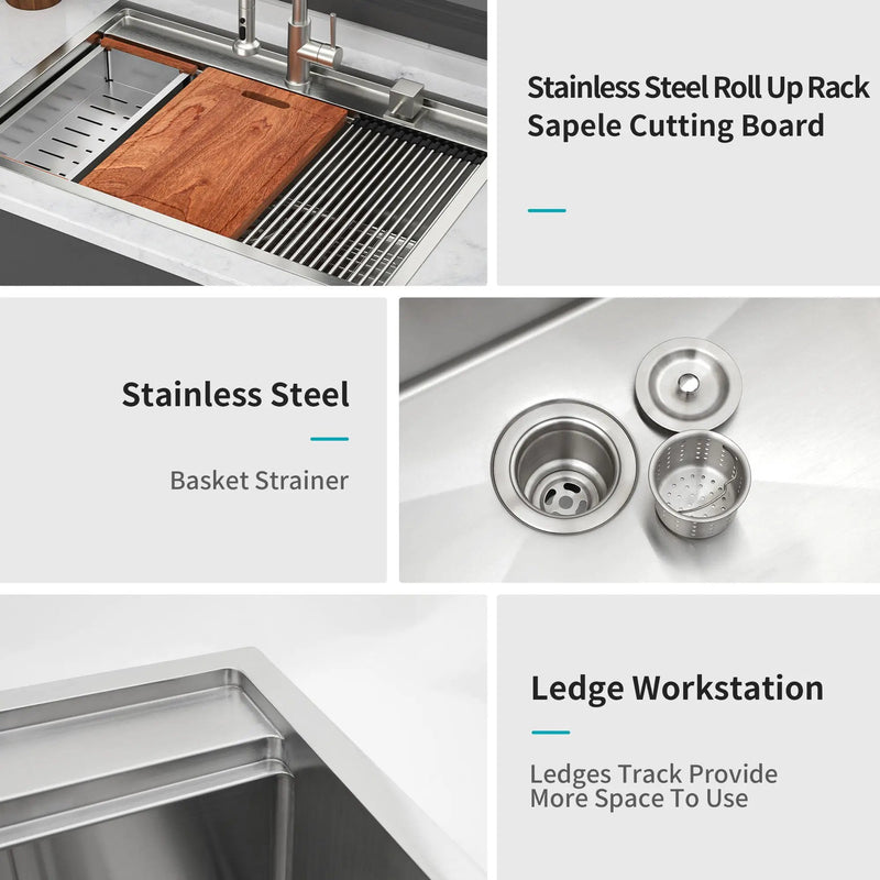 33" Drop In Kitchen Sink With Workstation, 16 Gauge Stainless Steel - Brushed Nickel by HouseOfZazla