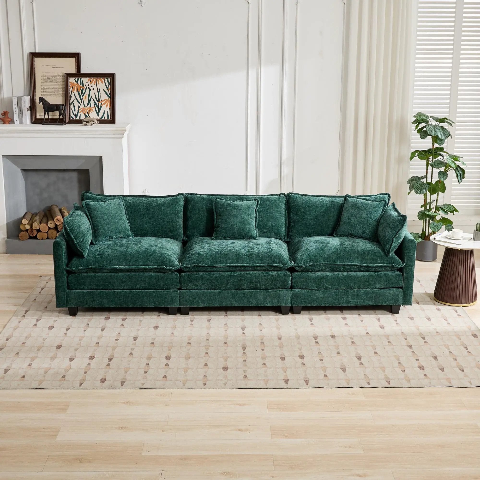 Cloud 3 Seats Sofa (Ottoman is not included) Chenille Fabric in Green by BLAKHOM