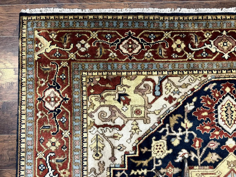 Indo Persian Heriz Rug 8x10, Geometric Medallion, Serapi Carpet, Wool Vintage Rug by Jewel Rugs