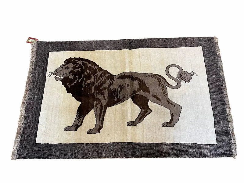3 x 5 Handmade Rug Brown Beige Hand-Knotted Lion Rug New Vintage Quality Animal by Jewel Rugs