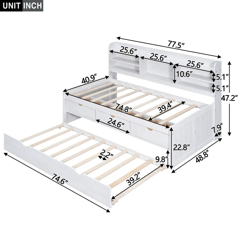 Captain Bed With Built In Bookshelves, 3 Storage Drawers, And Trundle by HouseOfZazla