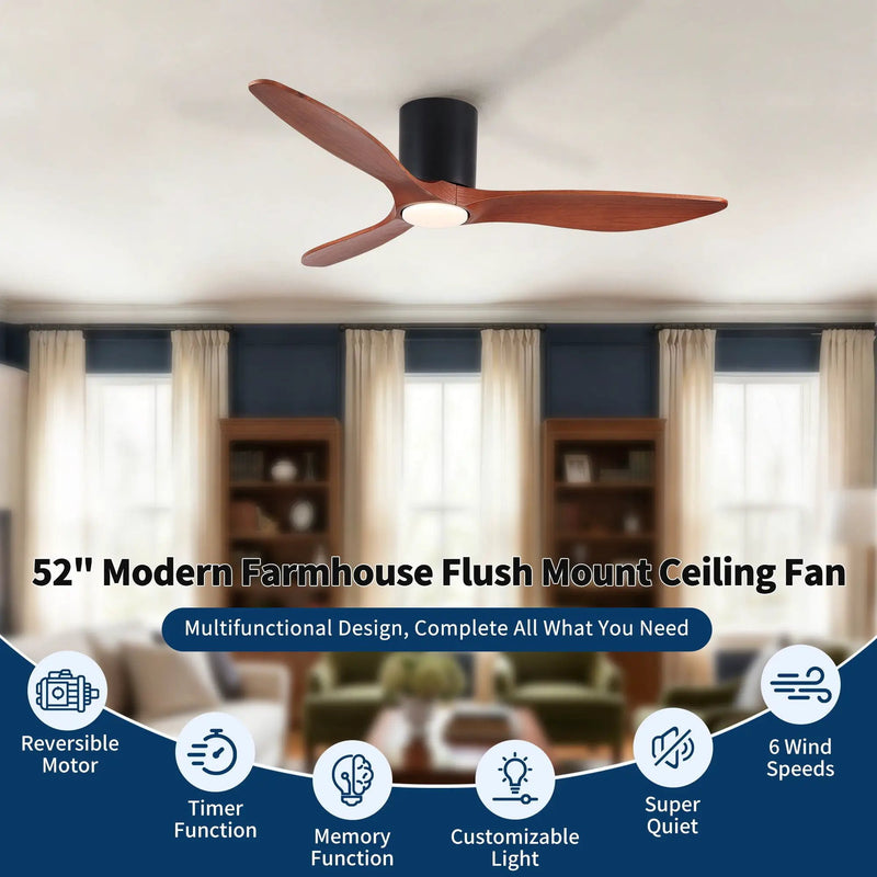 Low Profile Flush Mount Ceiling Fan With Light And Reversible Quiet Motor - Matte Black by HouseOfZazla