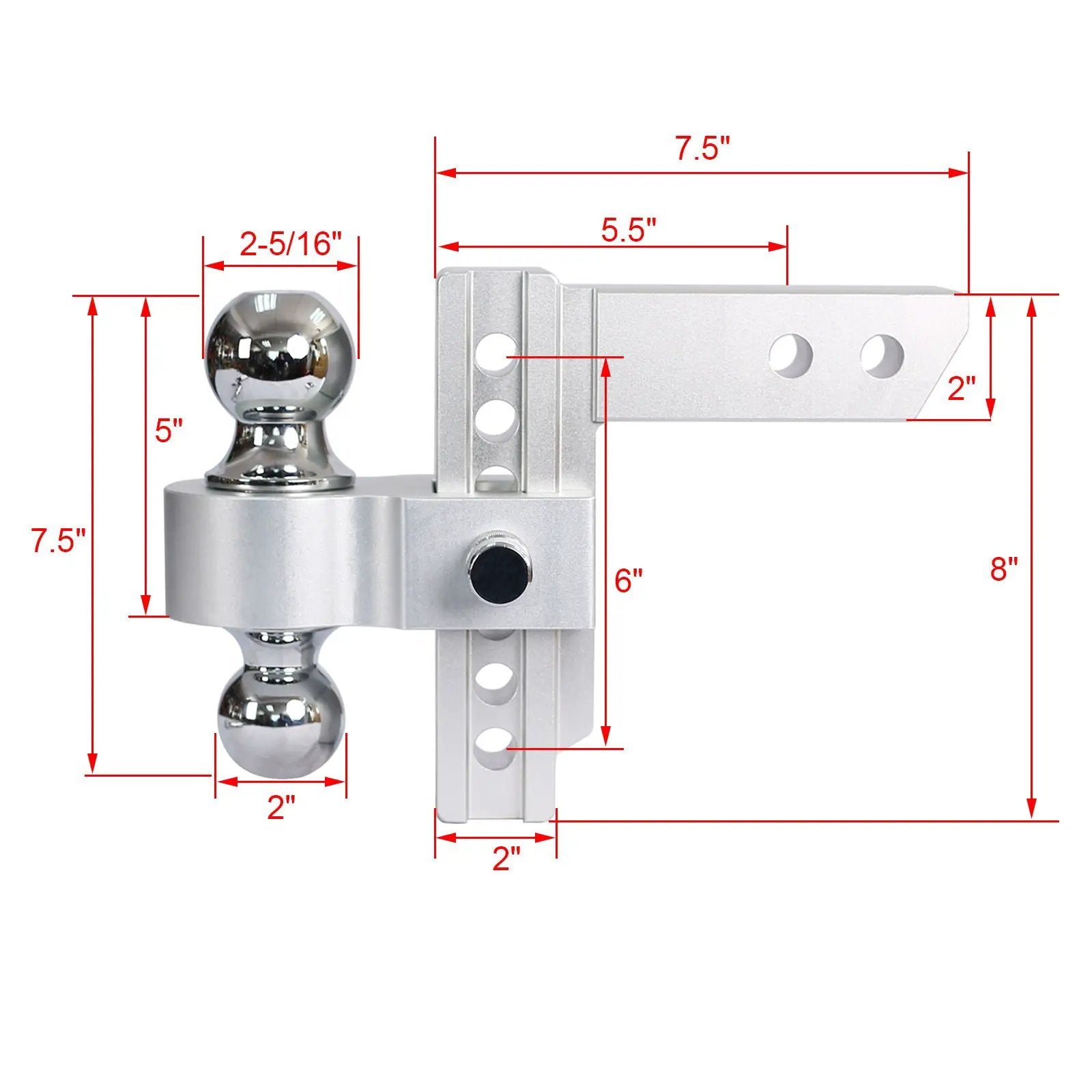 Alu - Adjustable Trailer Drop Hitch With 2" Receiver, 6" Adjustment - Silver by HouseOfZazla