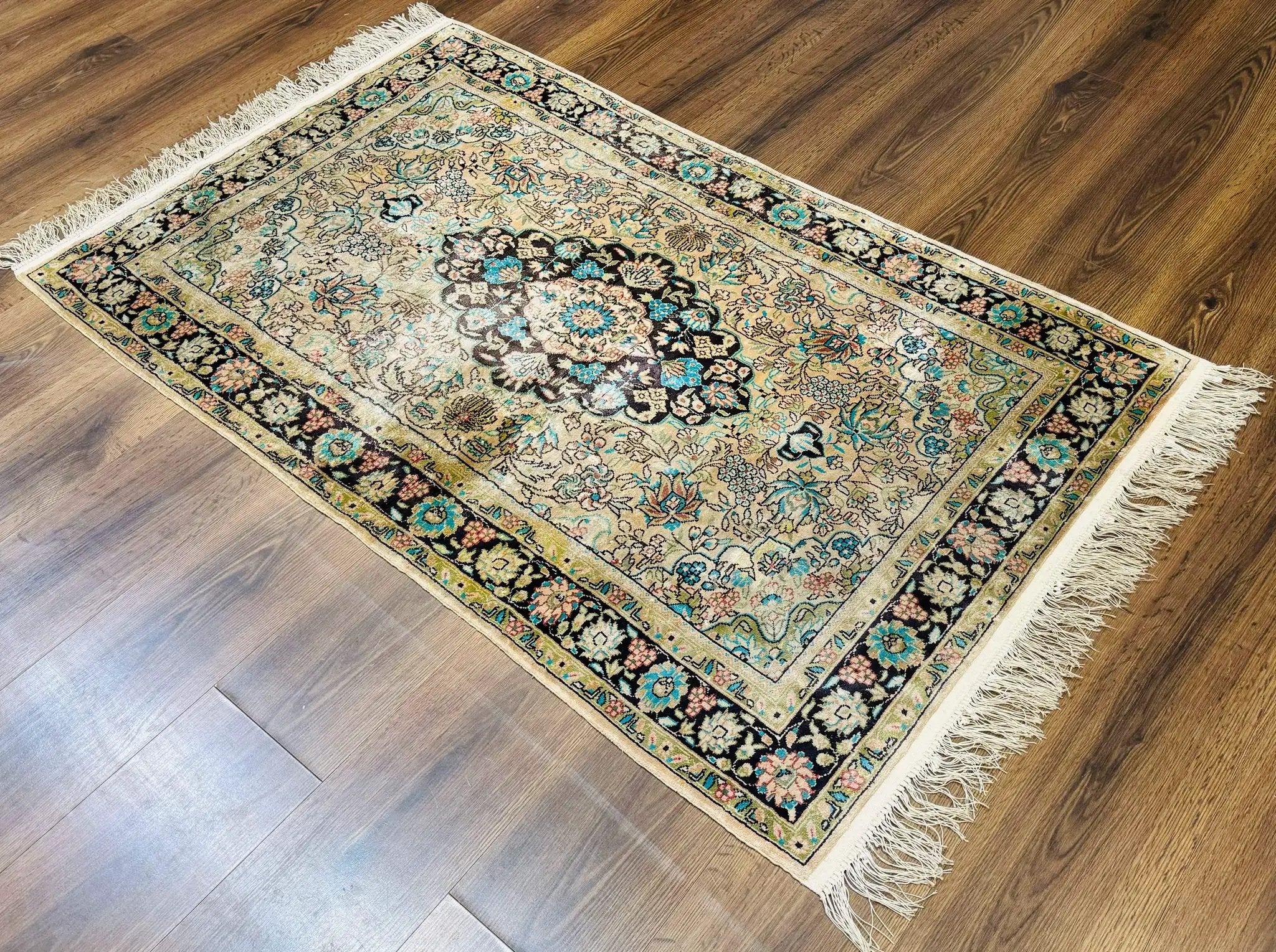Indian Kashmiri Silk Rug 3x5, Floral Medallion, Fine 200 KPSI by Jewel Rugs