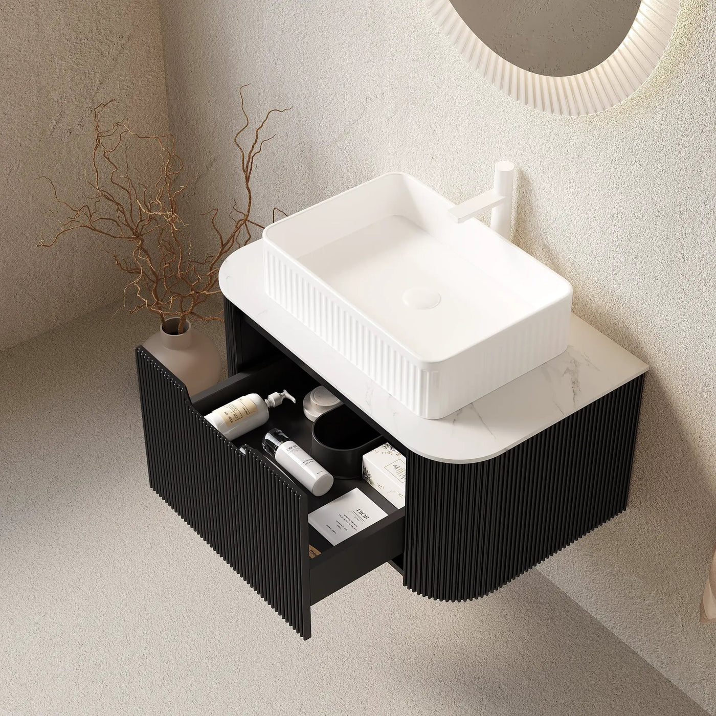 DINA 30" Bathroom Vanity & Sink, Floating Curved Edges Storage Cabinet by HouseOfZazla