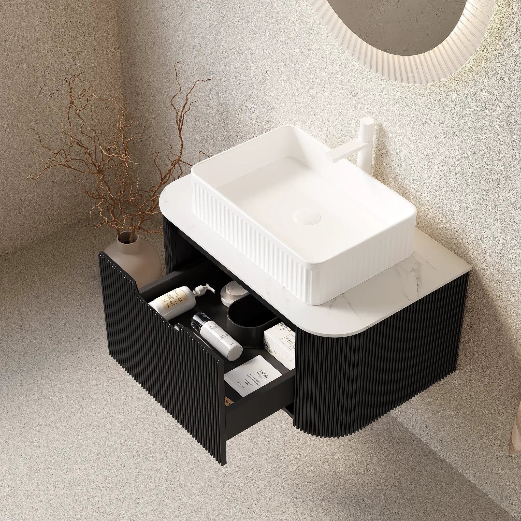 DINA 30" Bathroom Vanity & Sink, Floating Curved Edges Storage Cabinet by HouseOfZazla