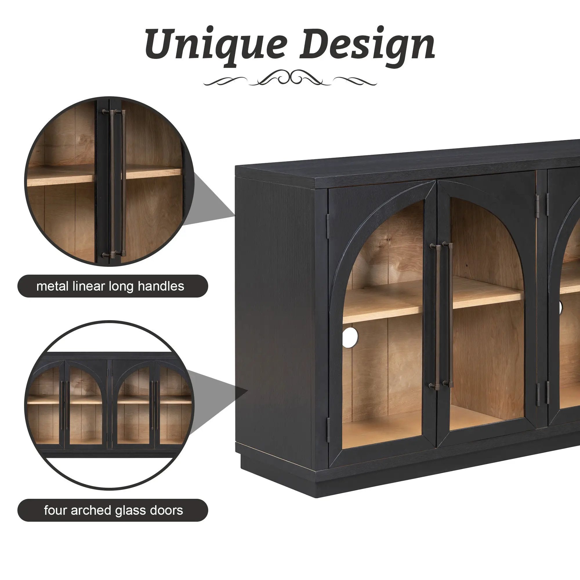 4-Door Large Storage Sideboard Buffet Cabinet with Glass Doors Arched Cabinet (Black) by HouseOfZazla