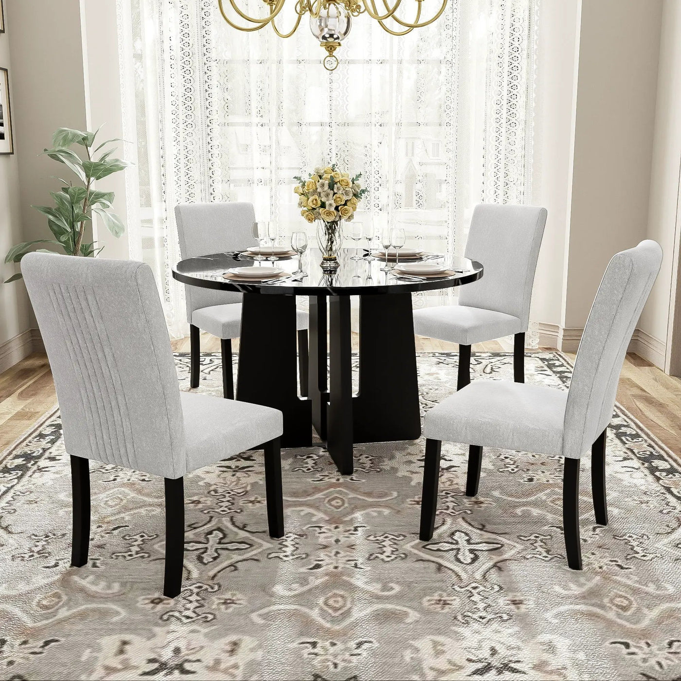 5 Piece Round Dining Table Set, Modern Dining Table And 4 Upholstered Chairs For Dining Room by HouseOfZazla
