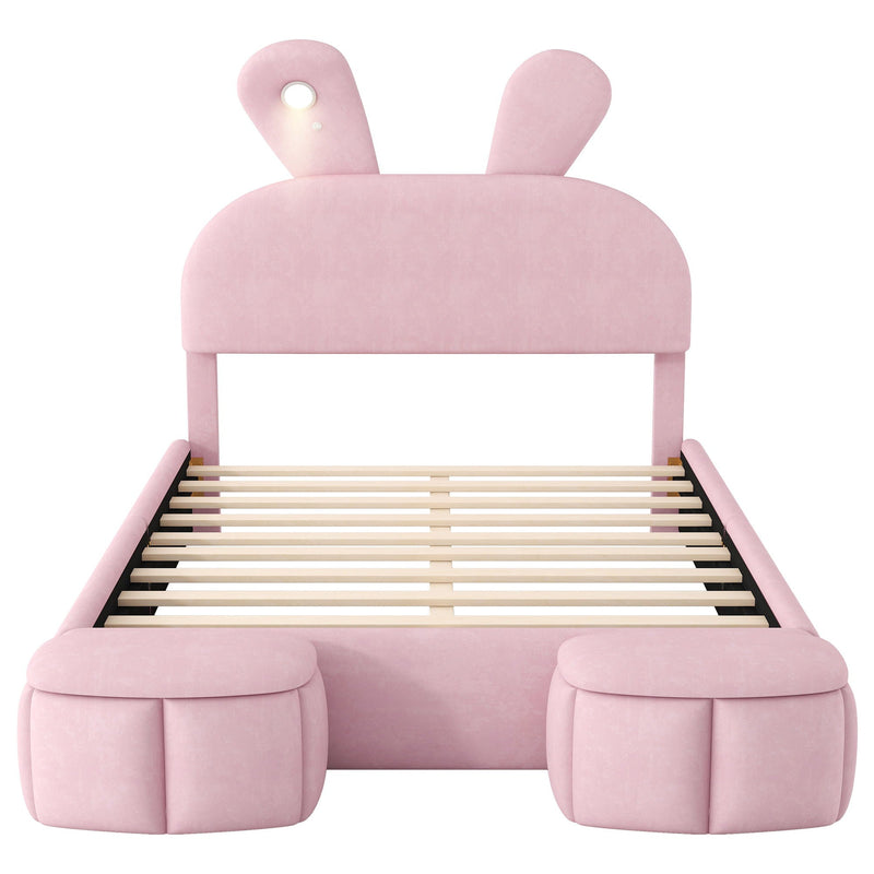 Full Upholstered Platform Bed With Cartoon Ears Headboard And LED Light - Pink by HouseOfZazla