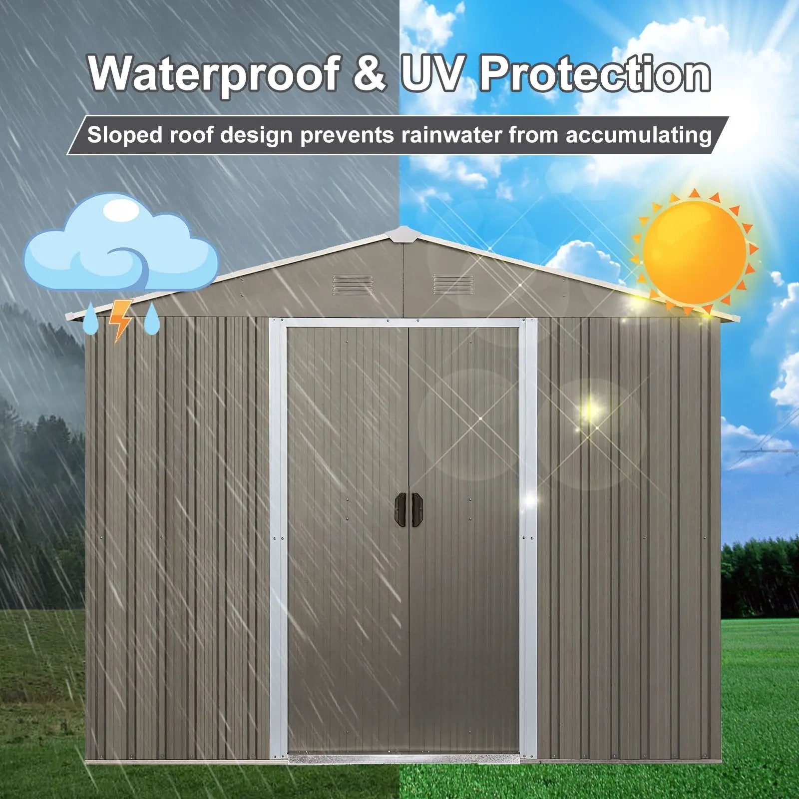 8Ft x 6Ft Outdoor Metal Storage Shed With Floor Base (SKU: W540S00012) - Gray by HouseOfZazla