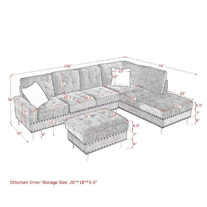 L-Shaped Sectional Sofa With Chaise And Storage Ottoman, Includes 2 Pillows by Unique Piece Furniture