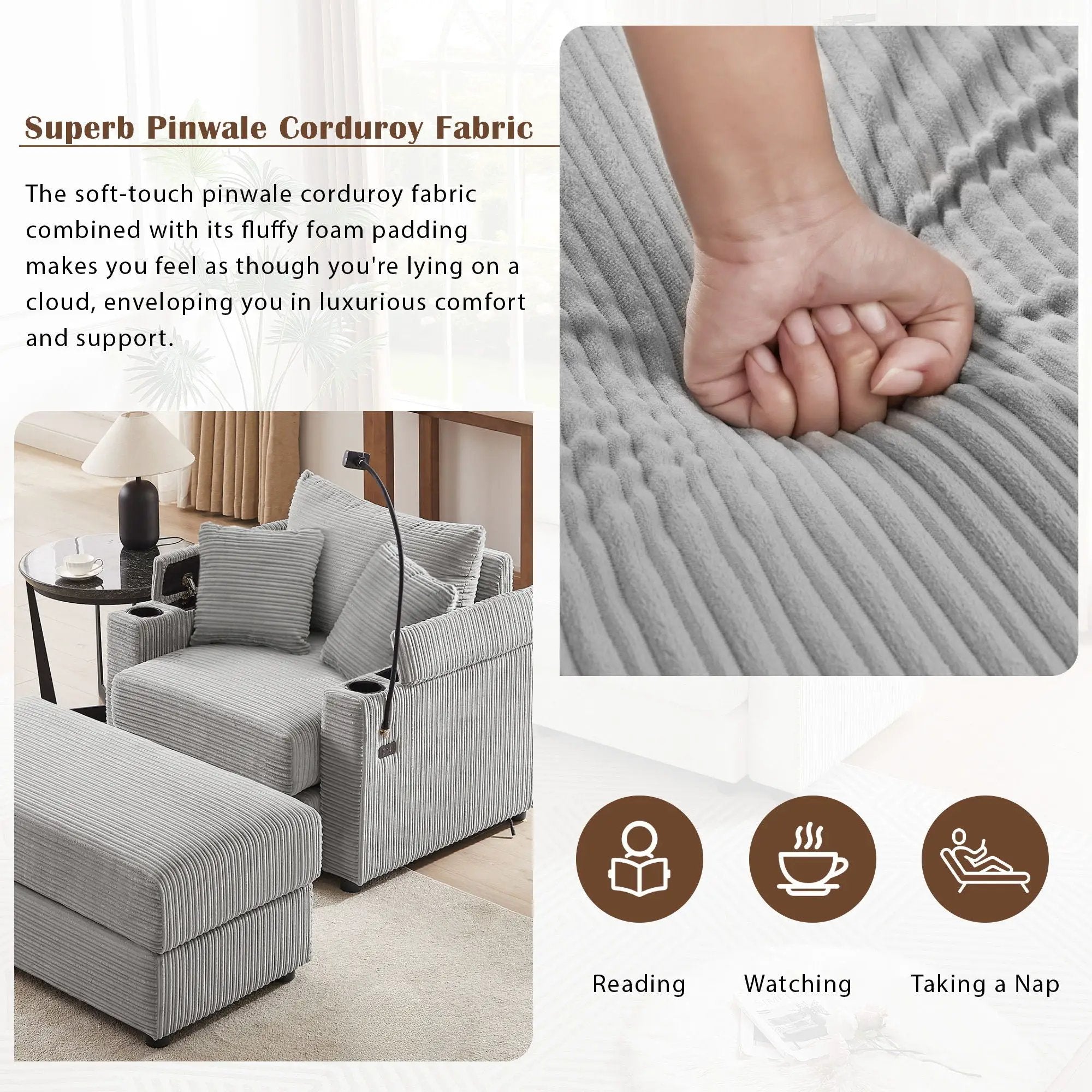Modern Style Loveseat Sofa Sectional Sofa Couch With Storage Space, A Movable Ottoman, Two USB Ports, Two Cup Holders, A Phone Holder For Living Room by HouseOfZazla