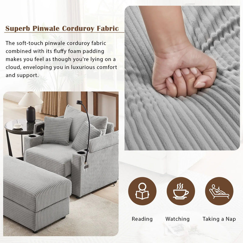 Modern Style Loveseat Sofa Sectional Sofa Couch With Storage Space, A Movable Ottoman, Two USB Ports, Two Cup Holders, A Phone Holder For Living Room by HouseOfZazla