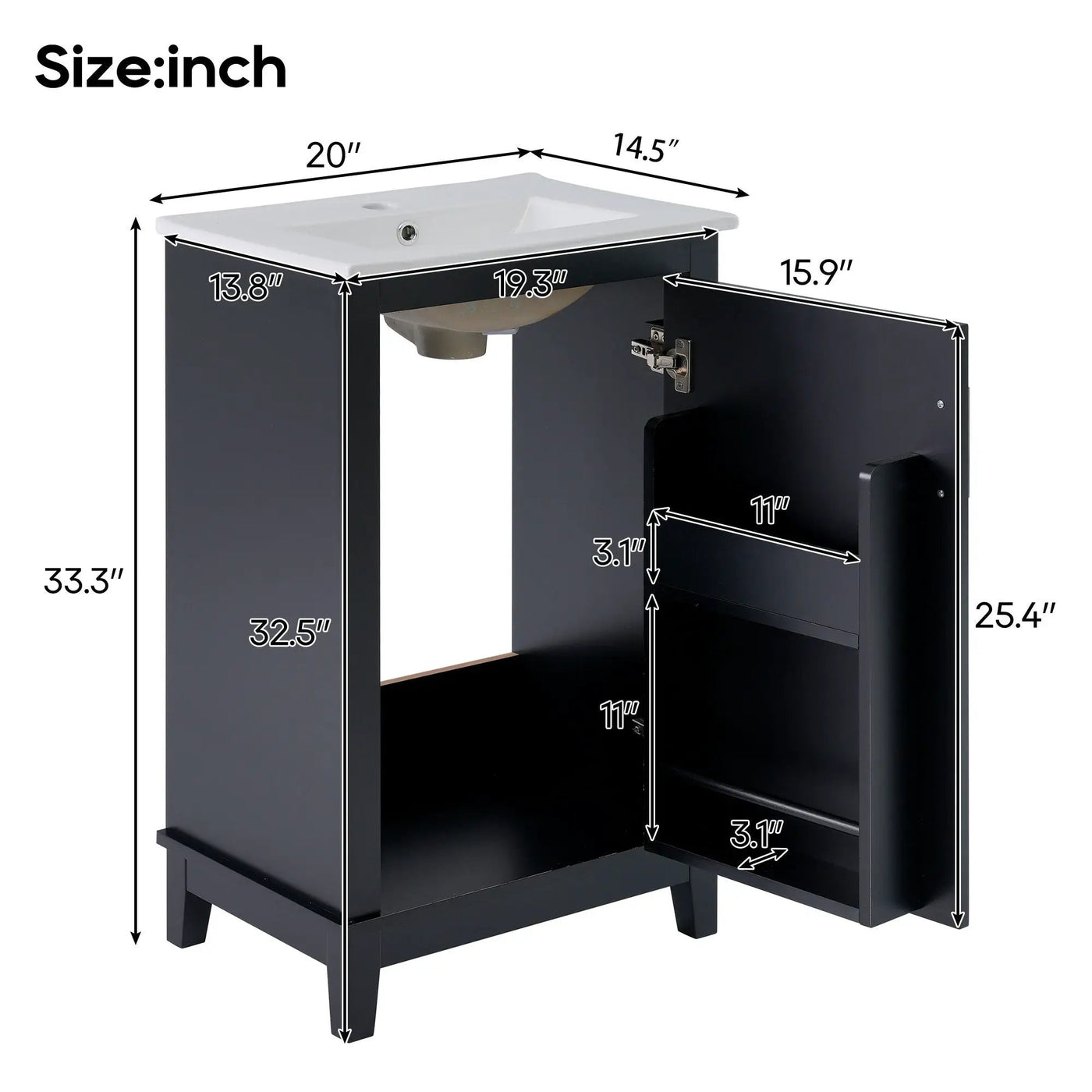 Modern Small Bathroom Vanity Cabinet With Ceramic Basin, Ample Storage, 1 Soft Close Door by Unique Piece Furniture