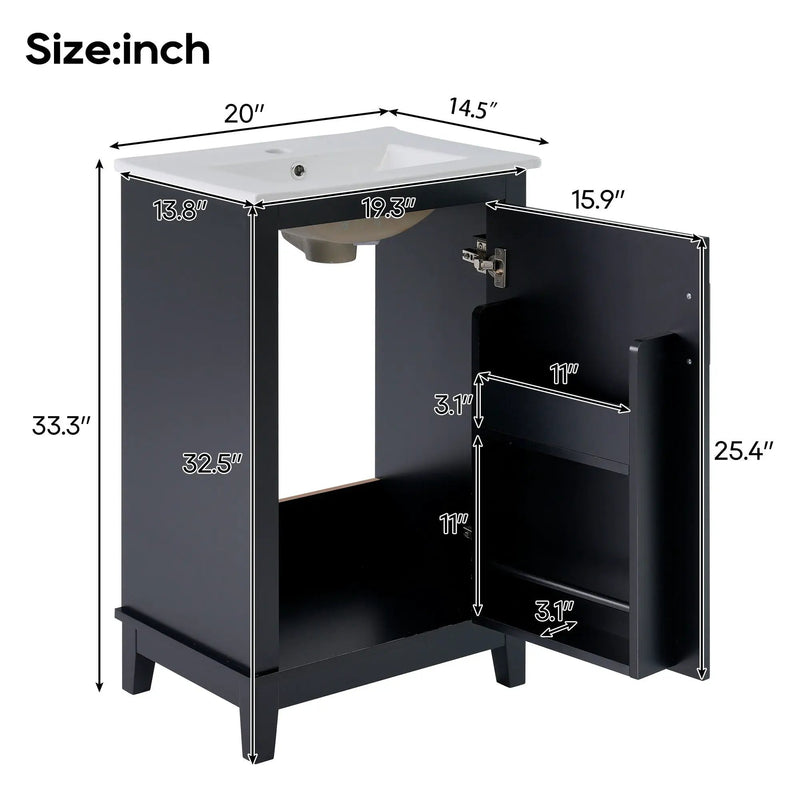 Modern Small Bathroom Vanity Cabinet With Ceramic Basin, Ample Storage, 1 Soft Close Door by Unique Piece Furniture