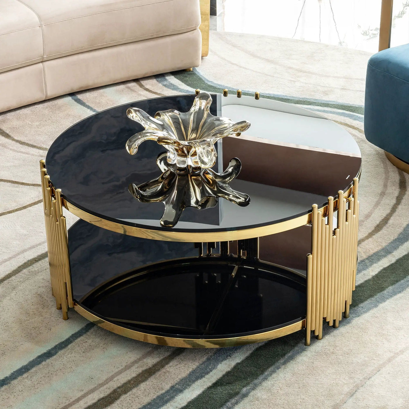 Elegant Round Table With Double Layer Tempered Glass Top And Stainless Steel Frame For Living Room by Unique Piece Furniture