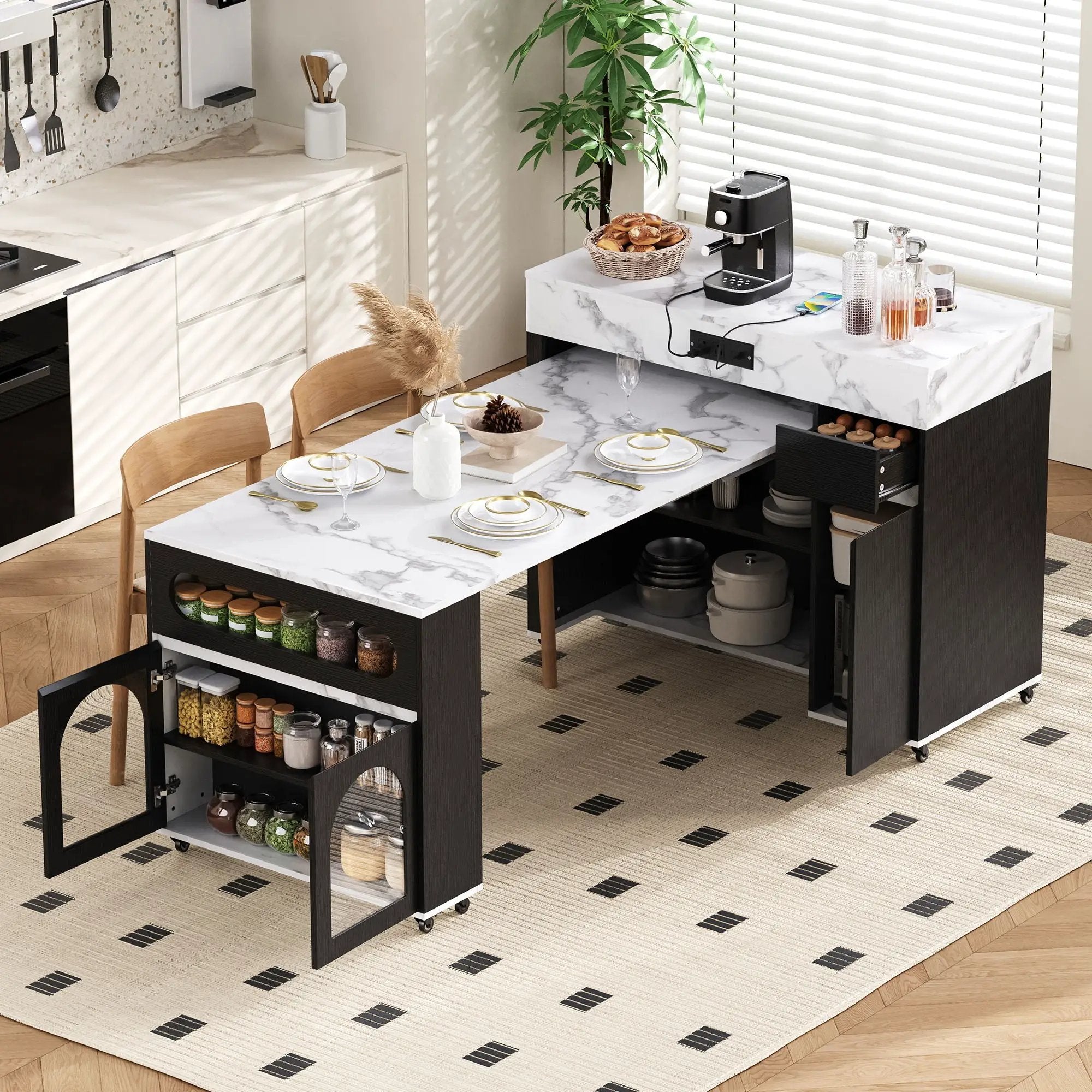 Extendable Dining Table With Folding Top, Rolling Kitchen Island With Drawers And Power Outlet by Unique Piece Furniture