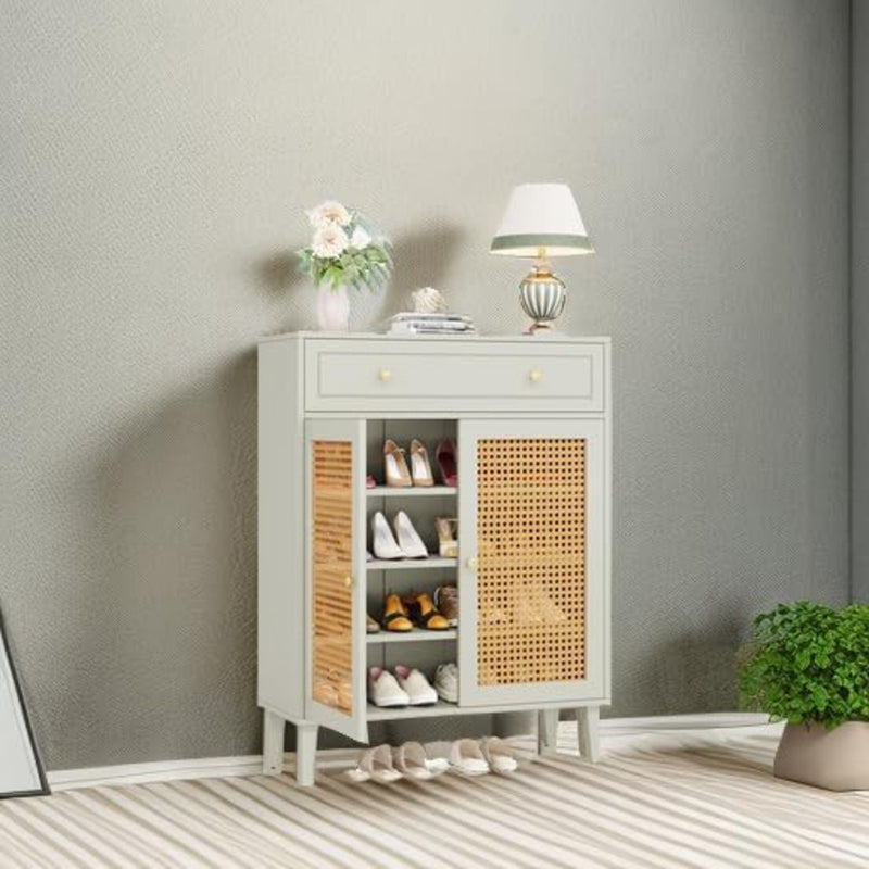 Shoe Cabinet With Rattan Doors And Drawer, 4 Tier Storage Organizer - Mint Green by HouseOfZazla