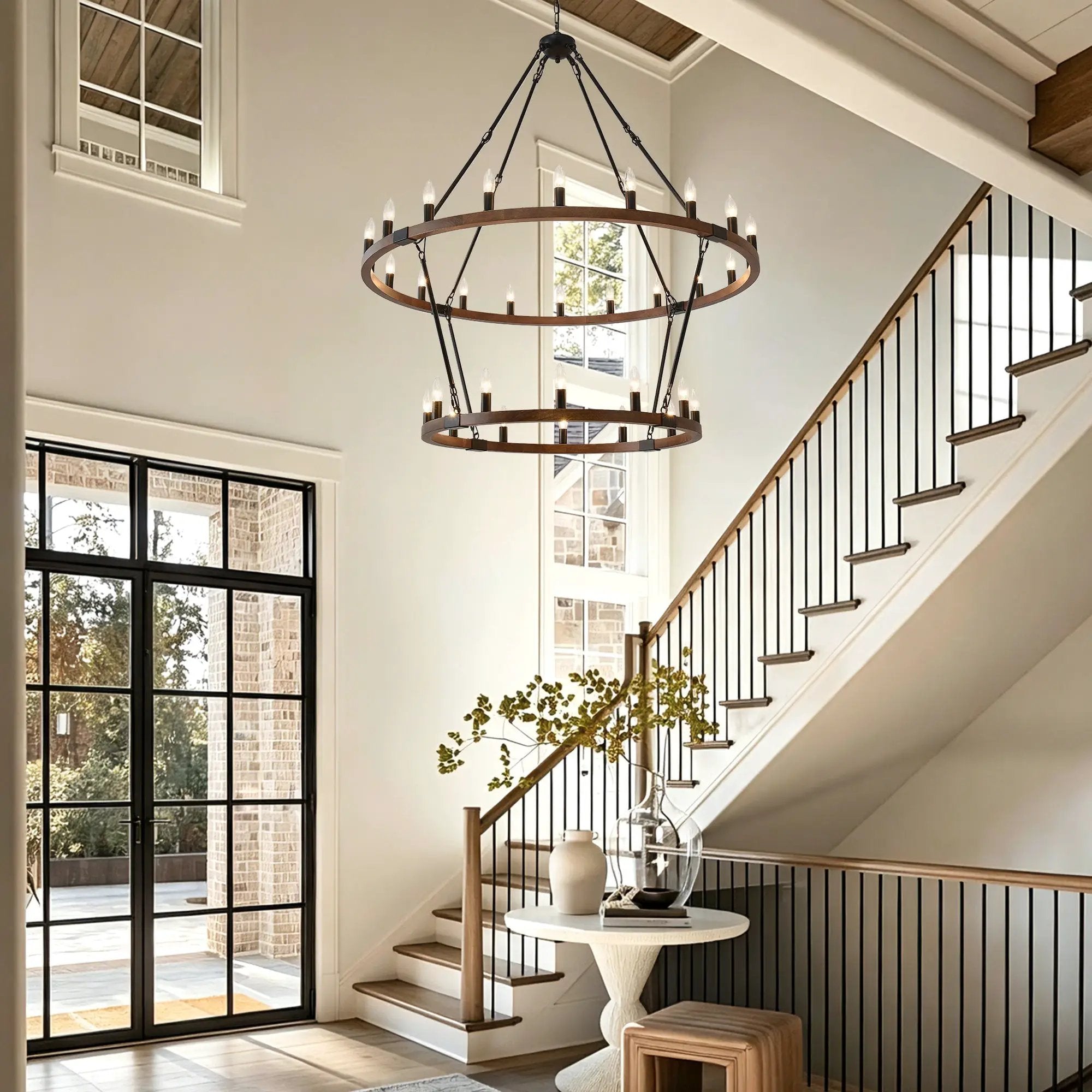 Large Solid Wood Wagon Wheel Chandelier, 2-Tier 32-Lights by HouseOfZazla