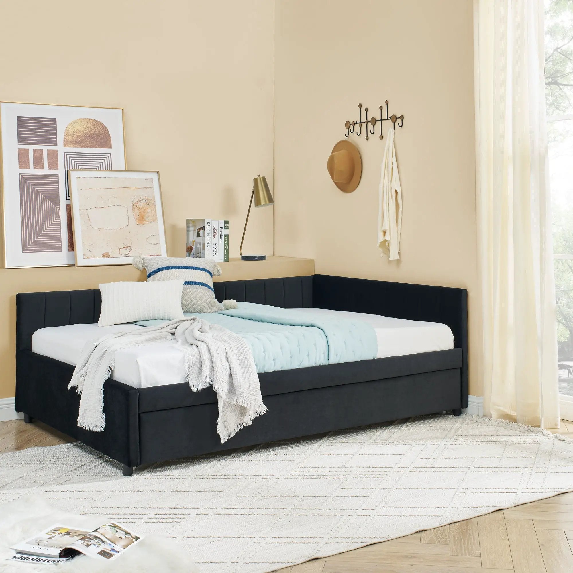 Full Size Upholstered Daybed With Trundle, Tufted Backrest And Armrests - Black