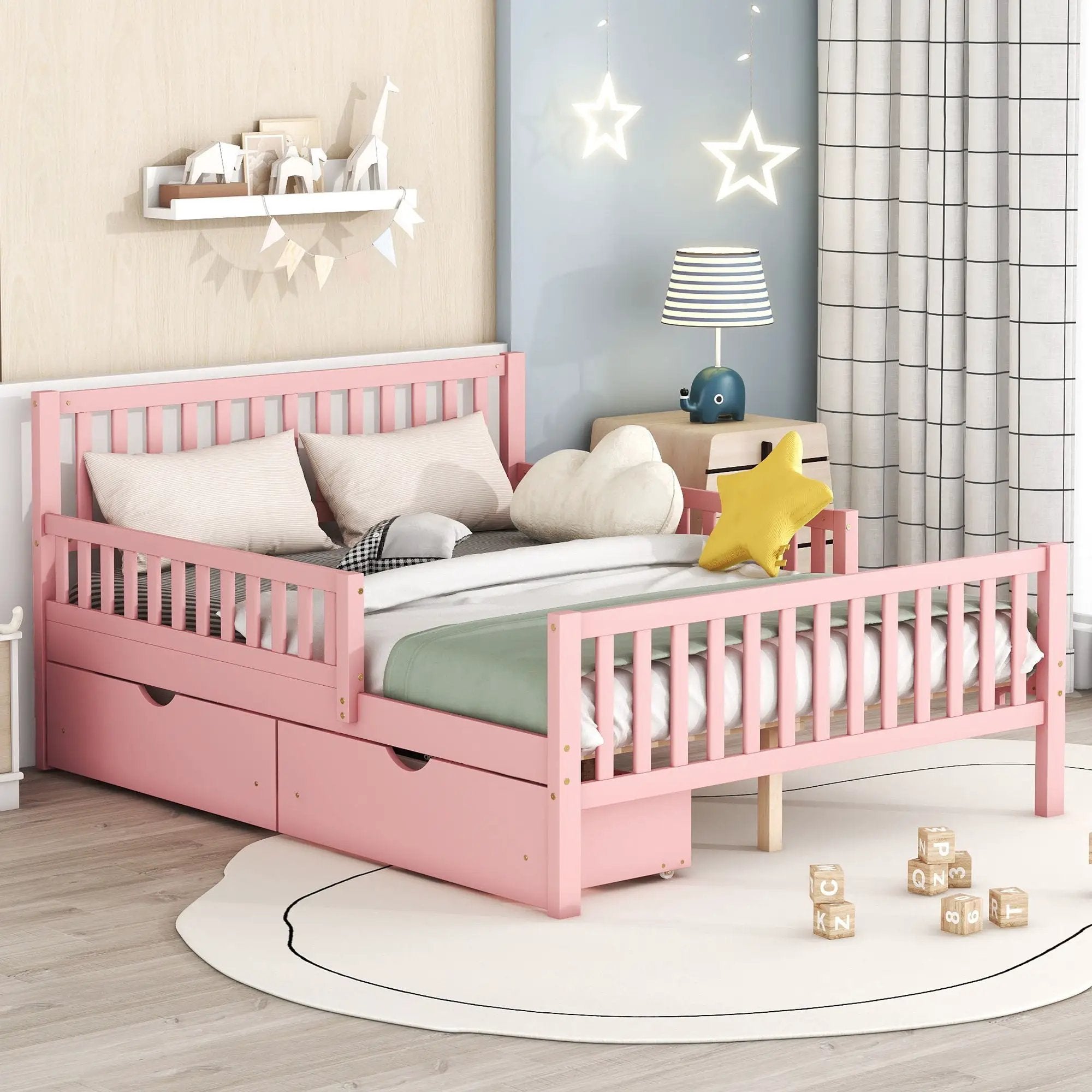 Platform Bed With Guardrails On Both Sides And 2 Storage Drawers by HouseOfZazla