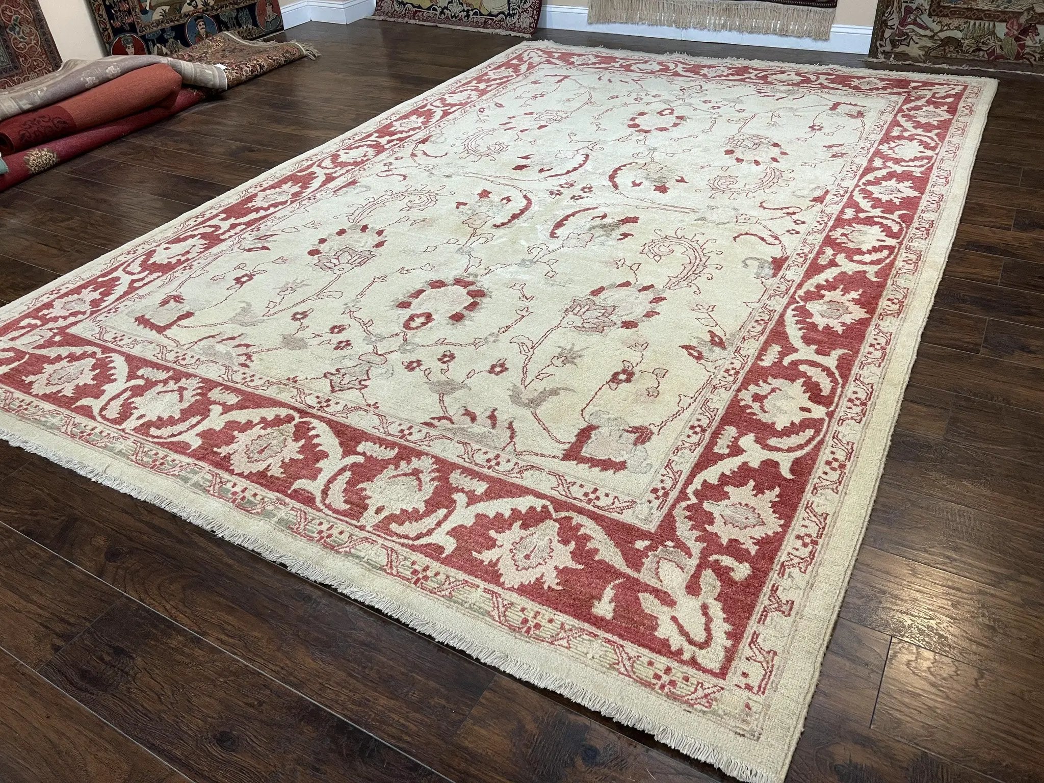 Peshawar Rug 8x12 Pakistani Carpet, Oriental Rug 8 x 12 Chobi Rug, Beige and Red, Allover Large Floral Design, Hand Knotted Vintage Wool by Jewel Rugs