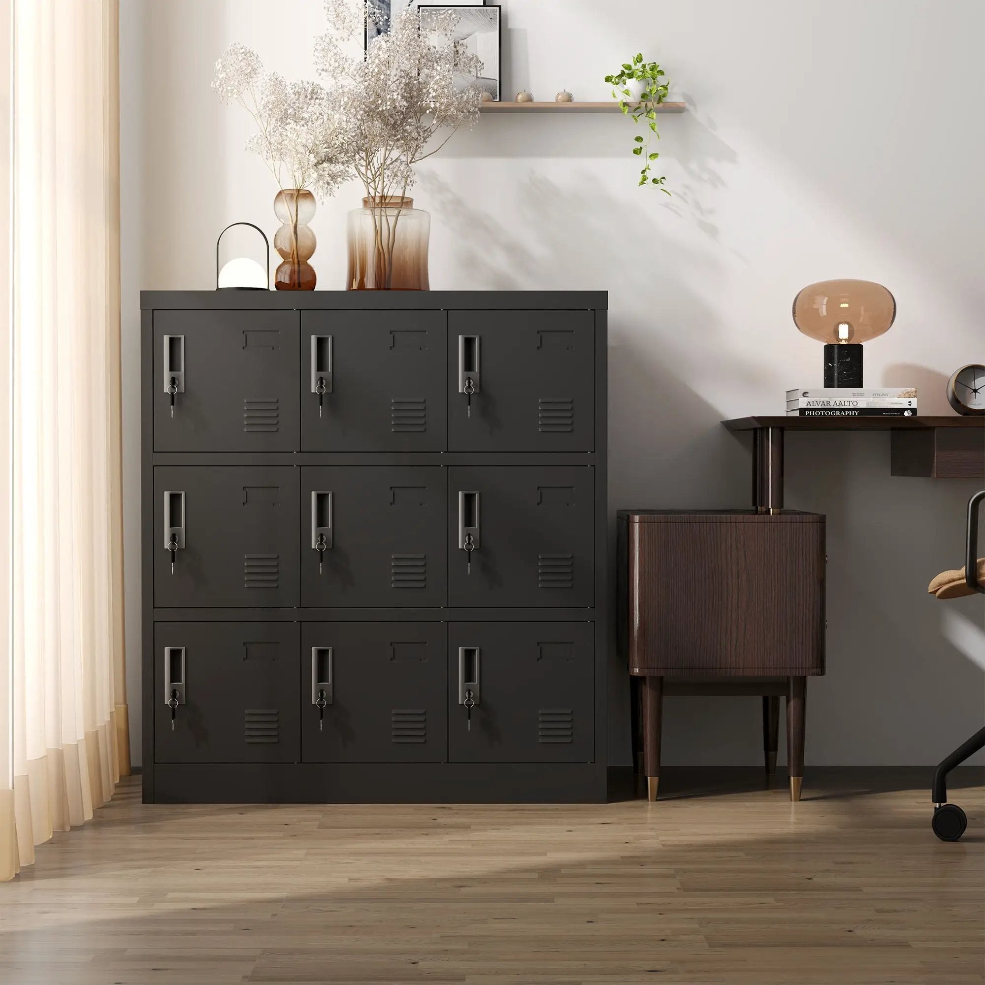 9 Door Employee Storage Locker With Card Slot, Lockers For Office, Gym, School, And Home - Black by Unique Piece Furniture