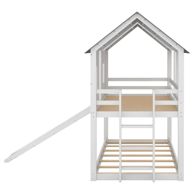 Twin Over Twin House Bunk Bed With Slide And Windows - White / Gray by HouseOfZazla