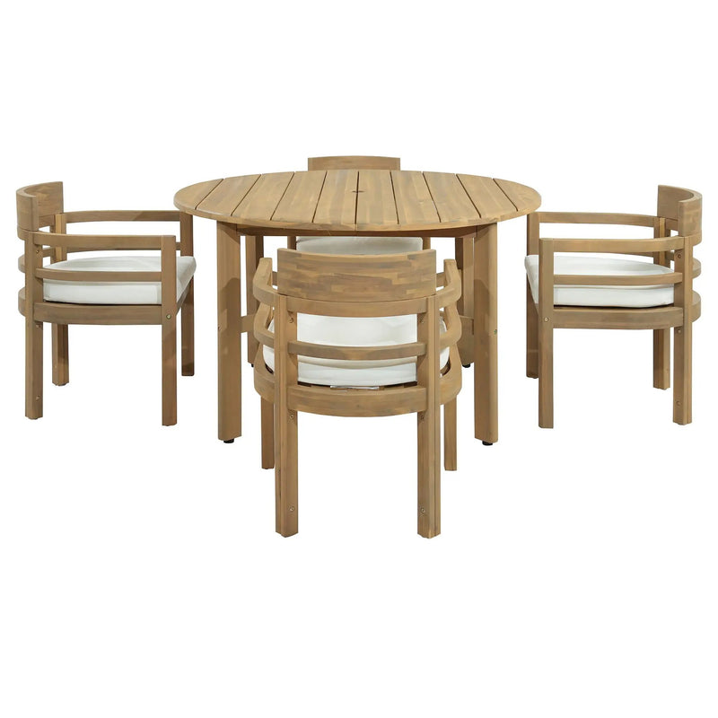 5 Piece Round Patio Table & Cushioned Armrest Chairs, Outdoor Dining Set With Umbrella Hole by HouseOfZazla
