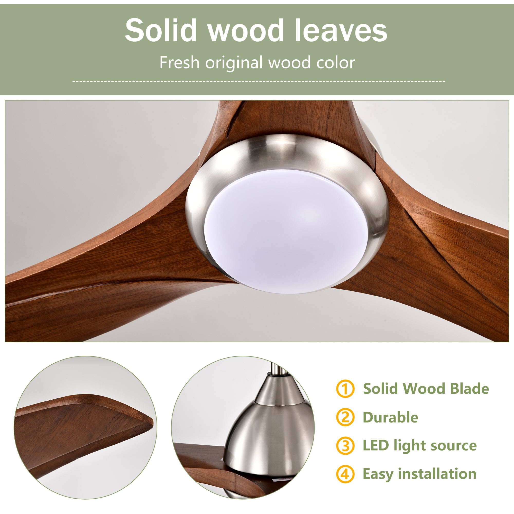 52" Solid Wood Blades Ceiling Fan with Light and Remote Control by HouseOfZazla
