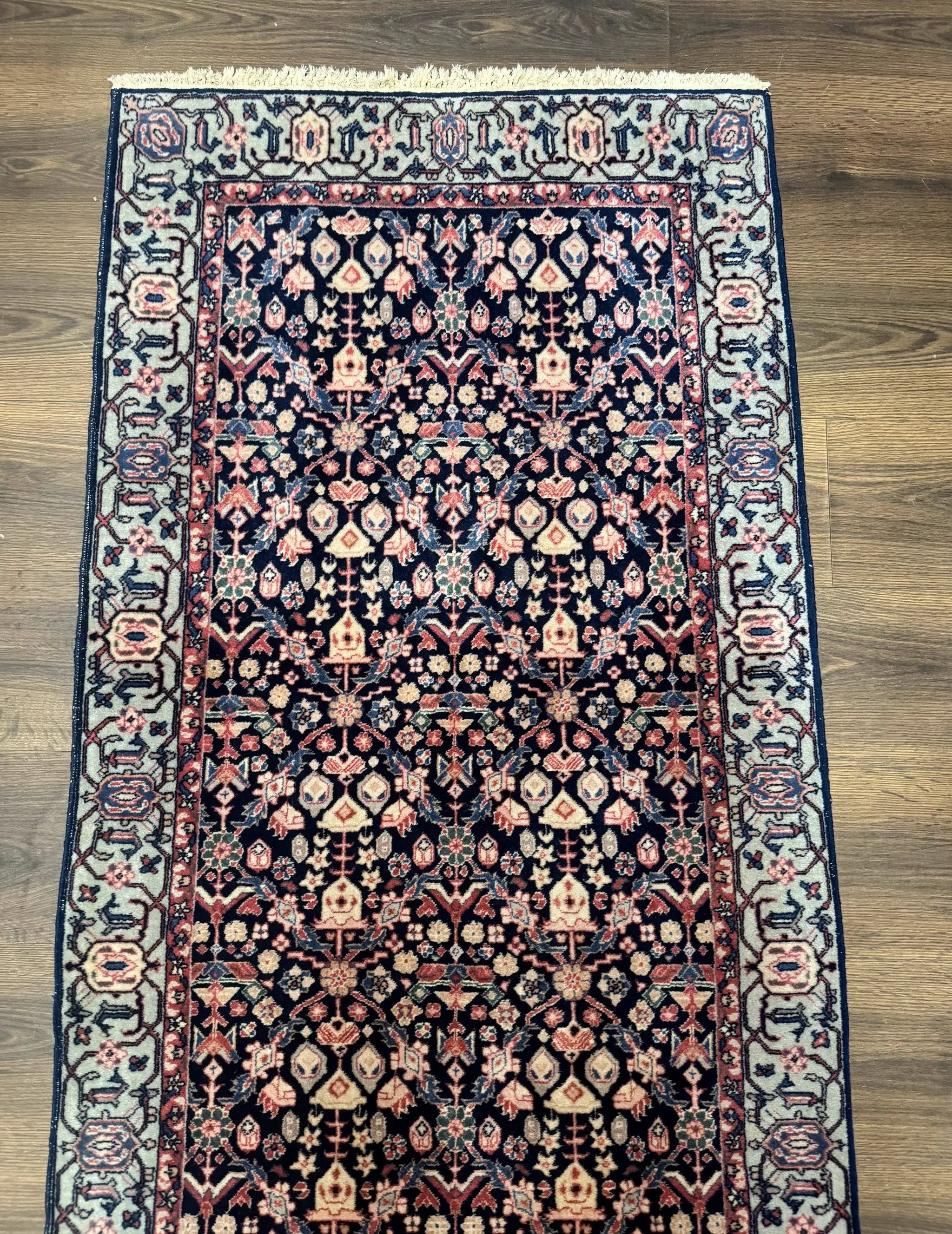 Indo Persian Runner Rug 2.8 x 12, Navy Blue, Floral, Fine 270 KPSI by Jewel Rugs