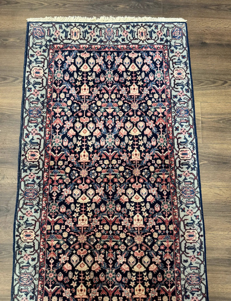 Indo Persian Runner Rug 2.8 x 12, Navy Blue, Floral, Fine 270 KPSI by Jewel Rugs