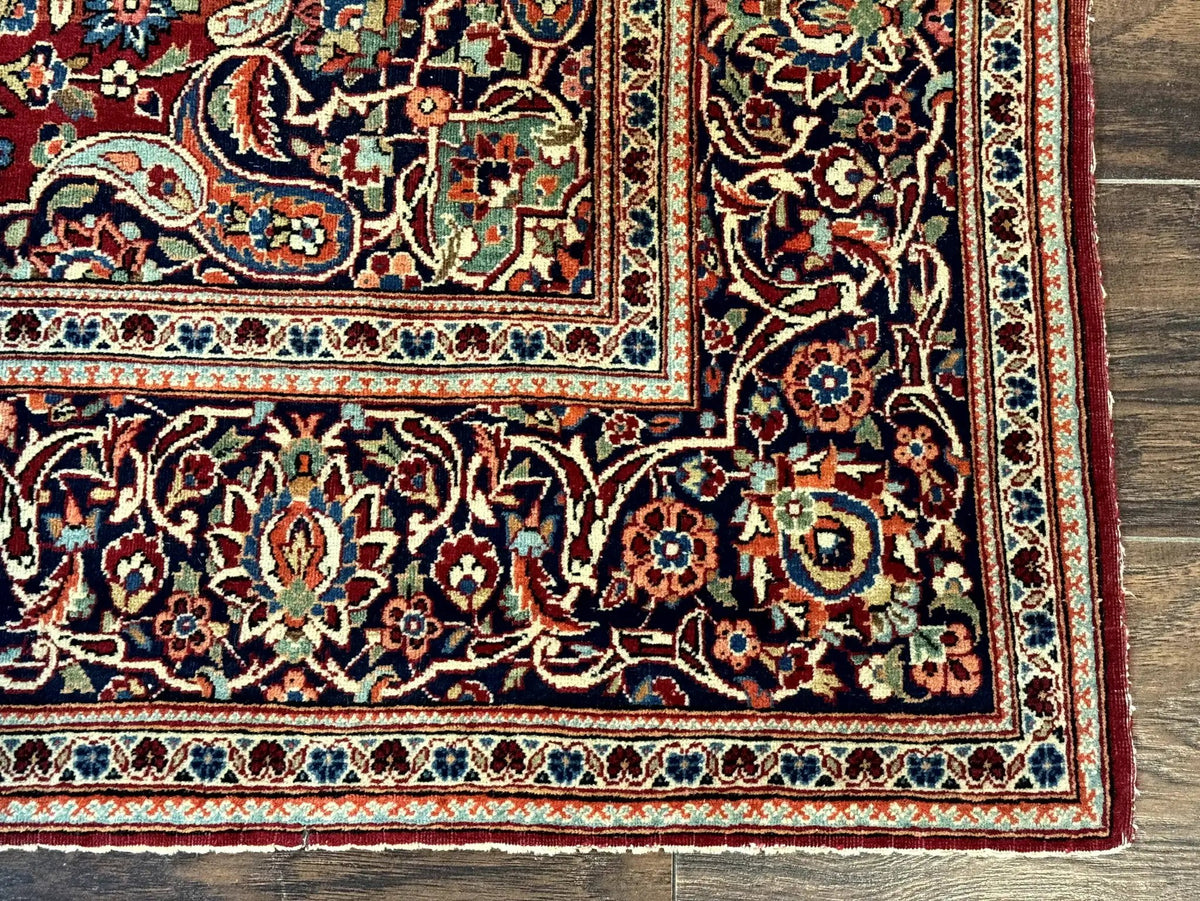 Persian Kashan Rug 4x7, Red and Navy Blue, Floral Antique Carpet by Jewel Rugs