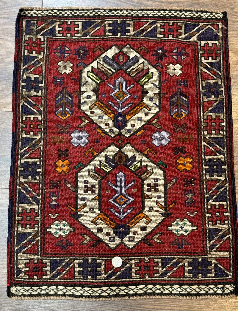 Small Persian Tribal Rug, Red and Ivory, Baluch Rug by Jewel Rugs