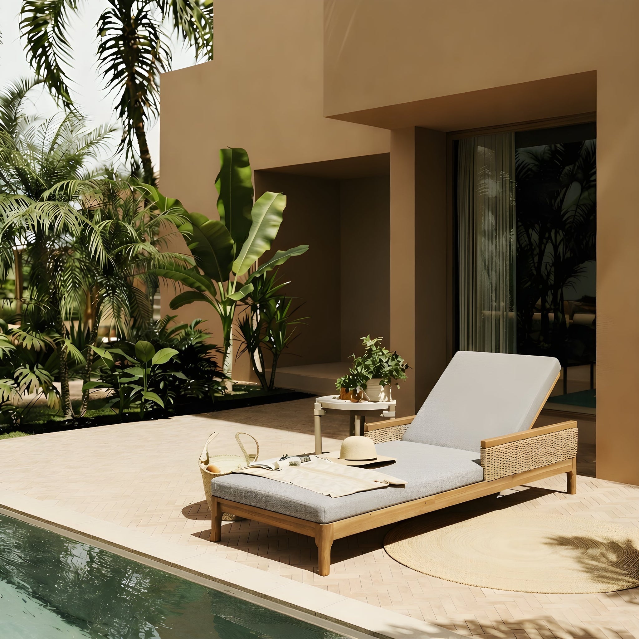 Solid Acacia Wood Sun Lounger with Grey Cushions and Light Grey Wicker by HouseOfZazla