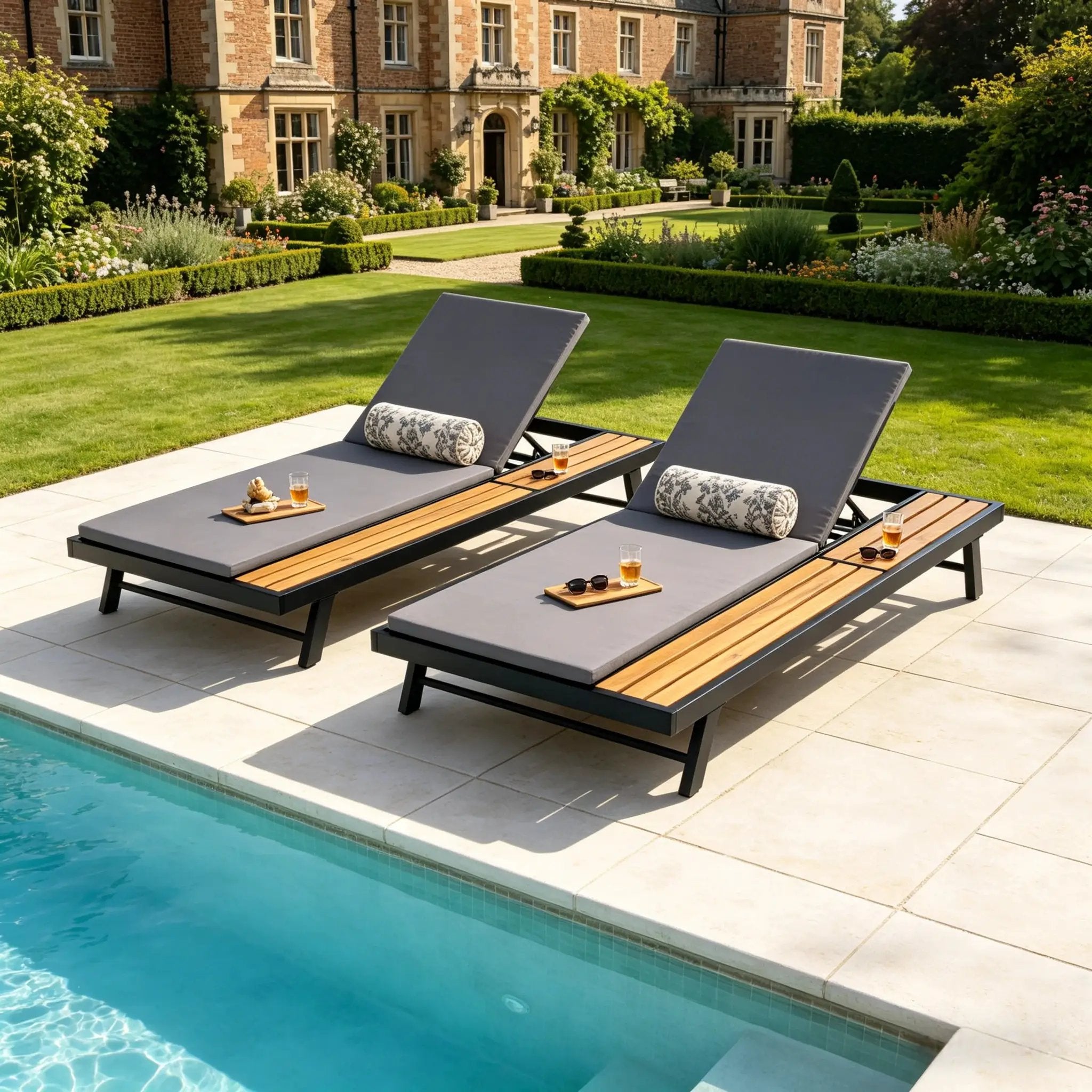 Black Iron + Teak Finish Outdoor Chaise Lounge Set by HouseOfZazla