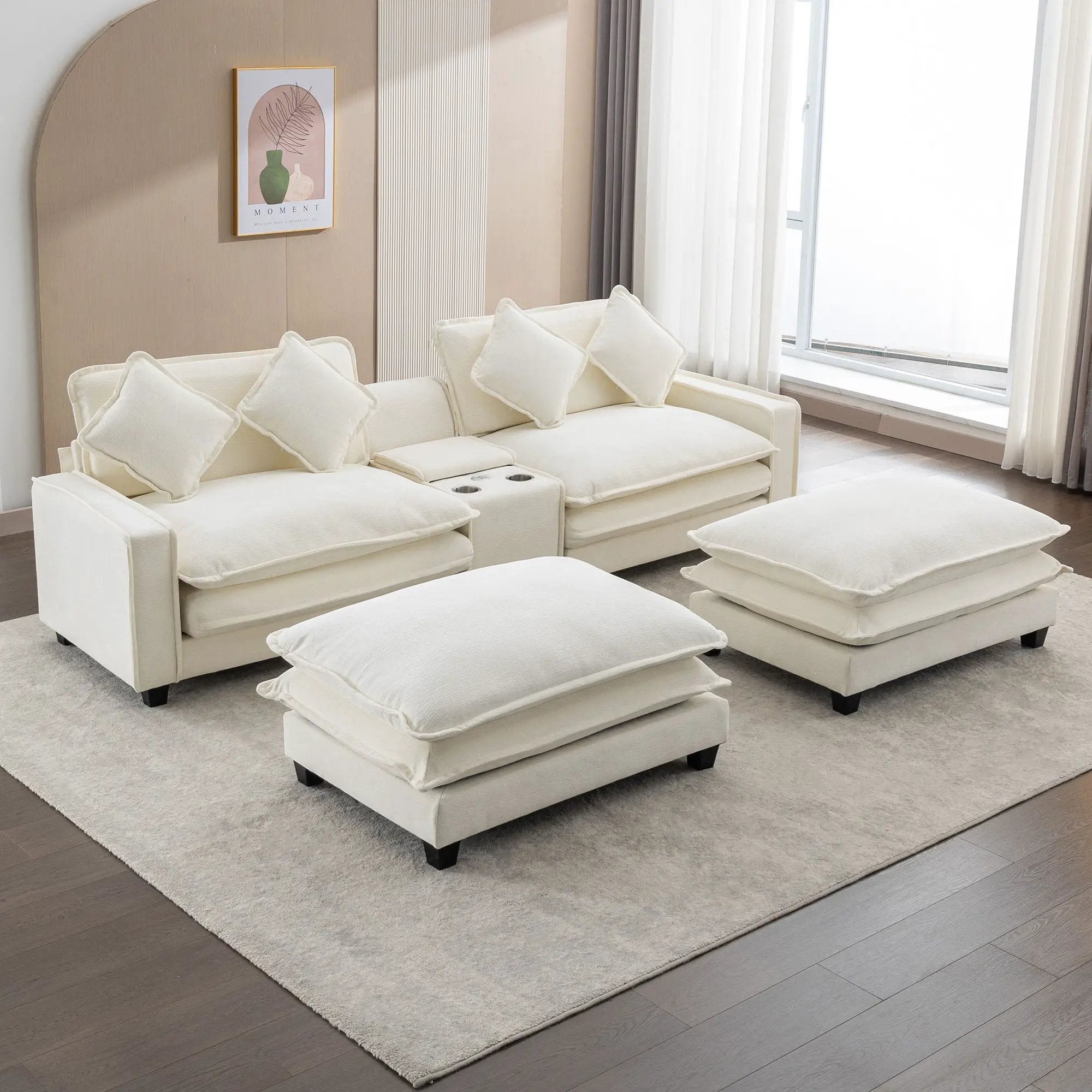 Sectional Sofa Upholstered Sofa With Two Removable Ottoman, Two USB Ports, Two Cup Holders And Large Storage Box For Living Room by Unique Piece Furniture