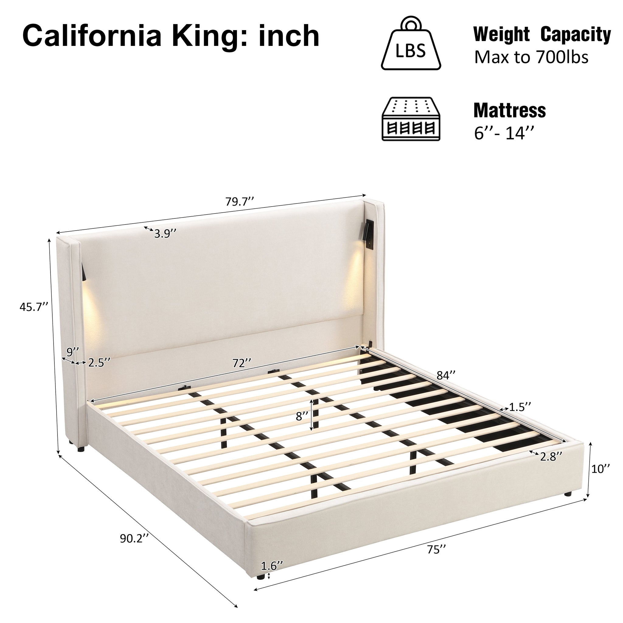 California King Size Upholstered Bed Frame with High Wingback Headboard, Reading Lamp and USB Port by HouseOfZazla