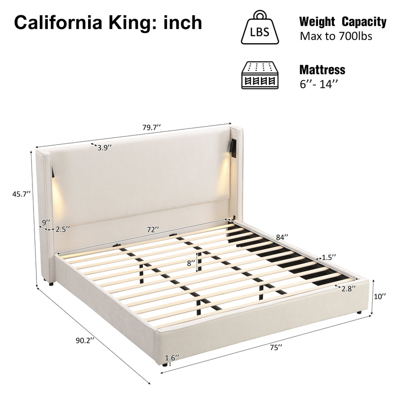 California King Size Upholstered Bed Frame with High Wingback Headboard, Reading Lamp and USB Port by HouseOfZazla