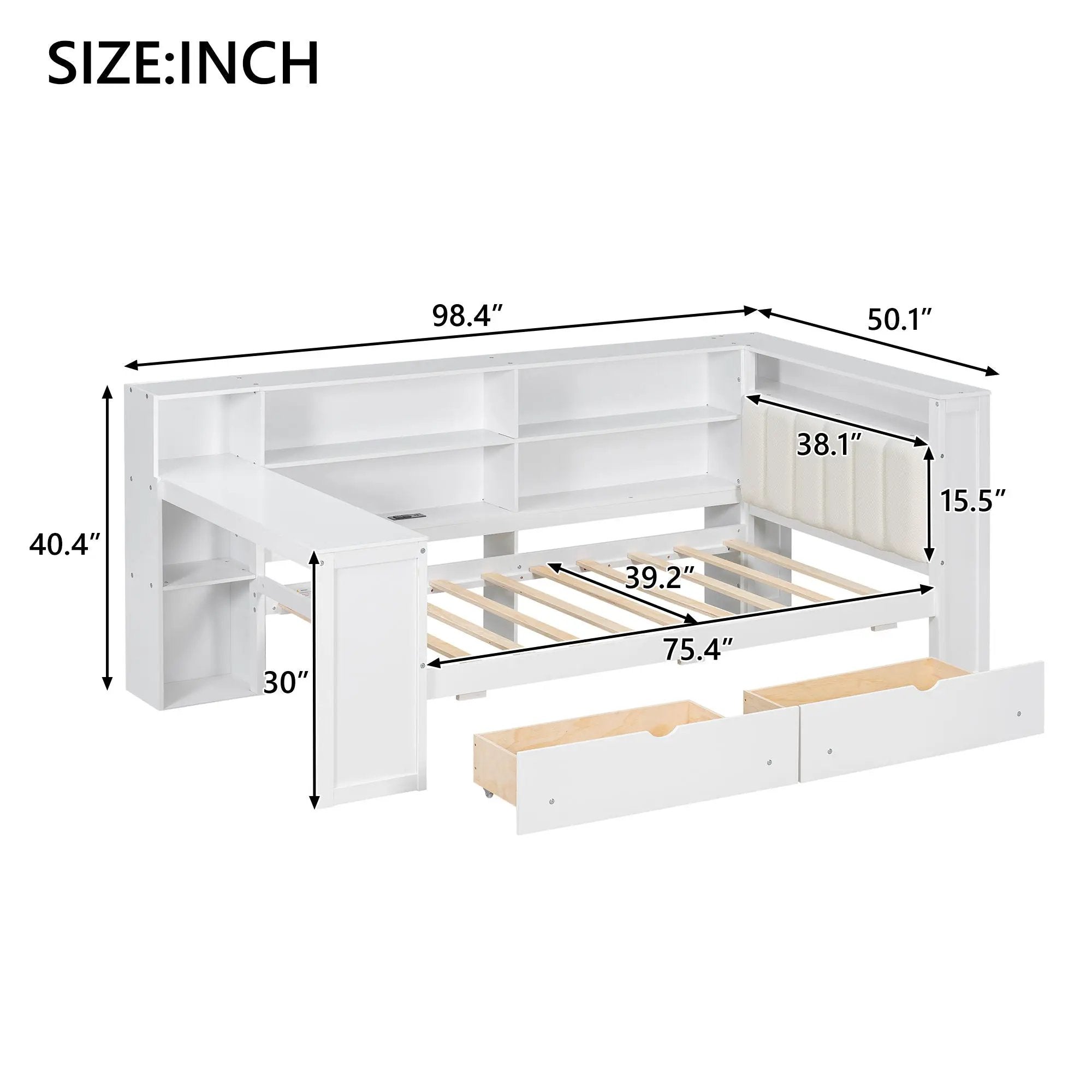 Platform Bed With Upholstered Headboard, Storage Shelves, Drawers, Charging Station, LED Lighting, Built In Desk by HouseOfZazla