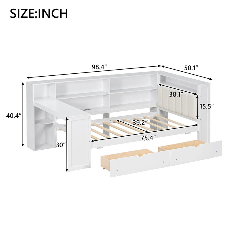 Platform Bed With Upholstered Headboard, Storage Shelves, Drawers, Charging Station, LED Lighting, Built In Desk by HouseOfZazla