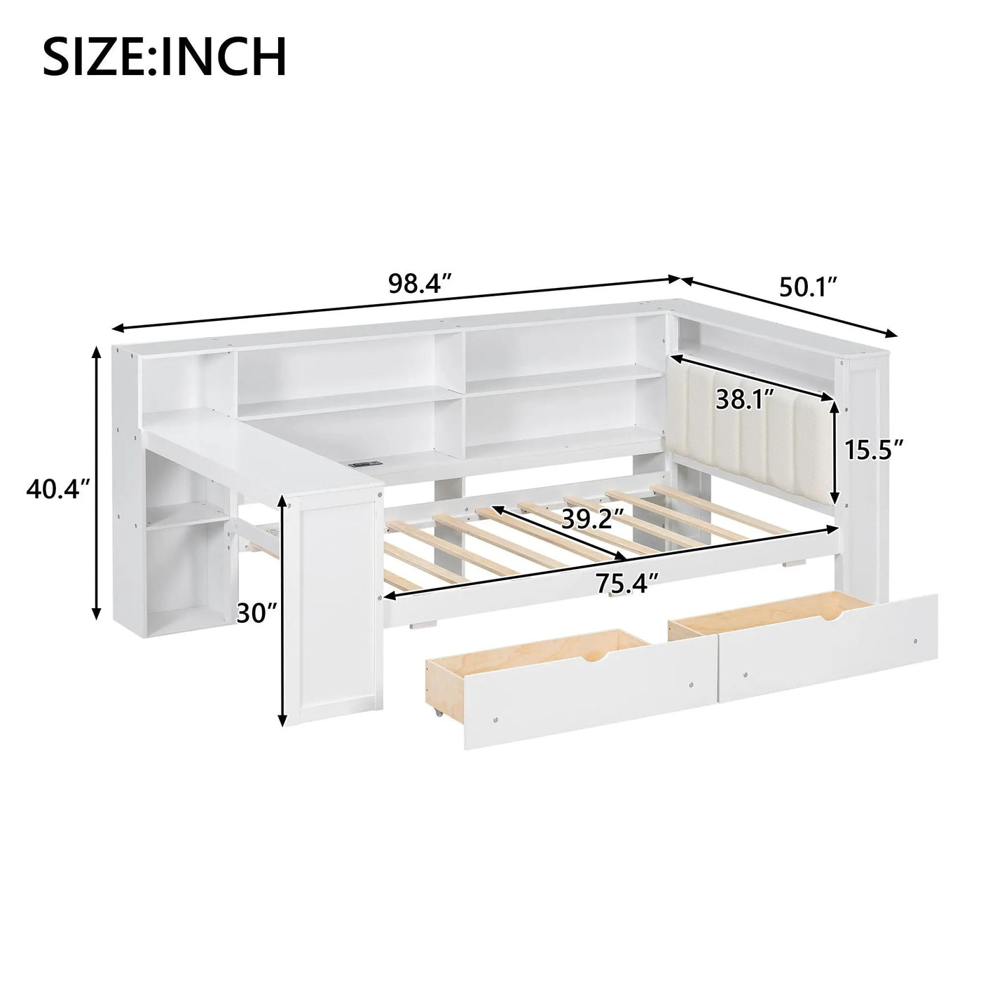 Platform Bed With Upholstered Headboard, Storage Shelves, Drawers, Charging Station, LED Lighting, Built In Desk by Unique Piece Furniture