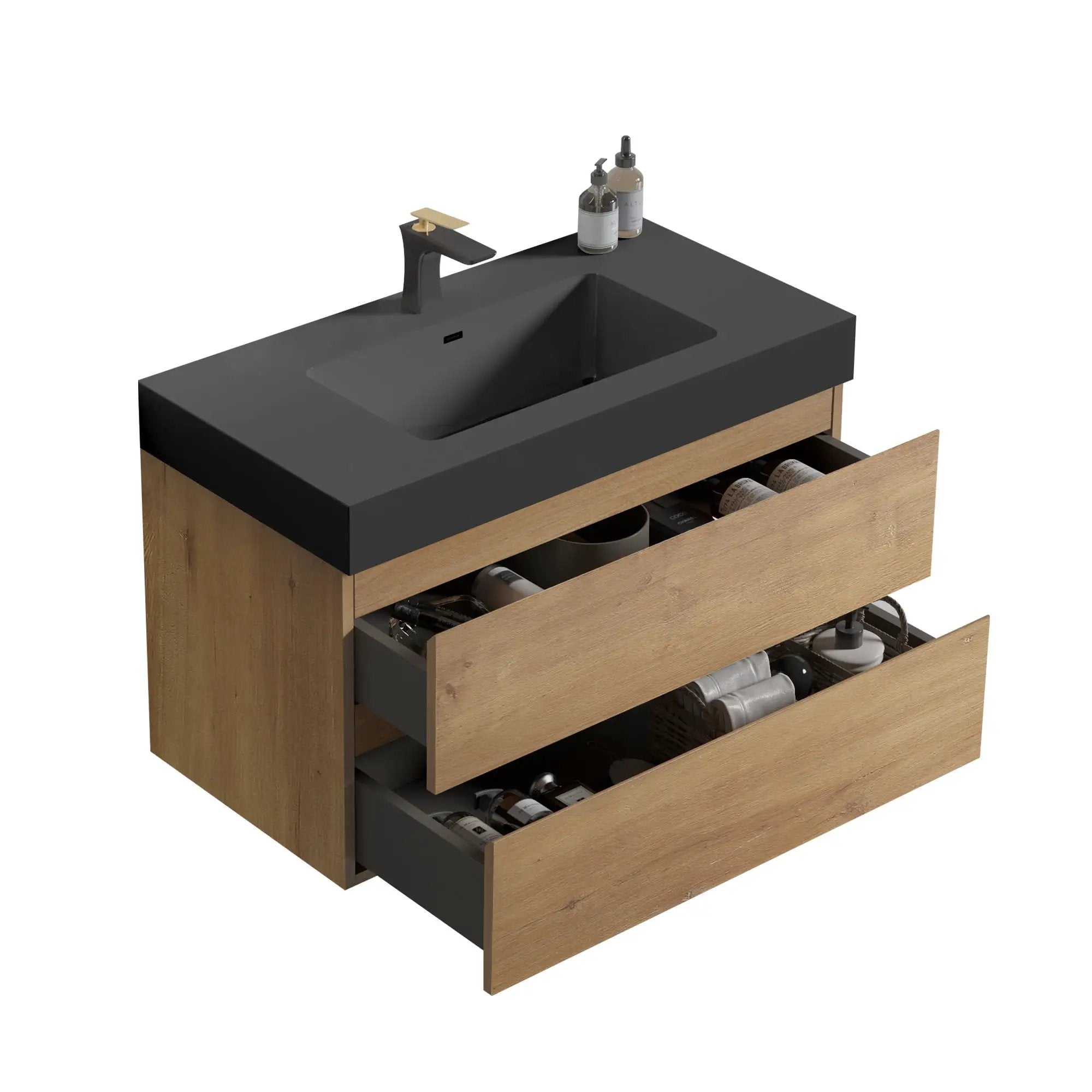 Alice - Natural Oak Bathroom Vanity With Sink, Large Storage Wall Mounted Floating Bathroom Vanity For Modern Bathroom, One-Piece Sink Basin Without Drain by Unique Piece Furniture