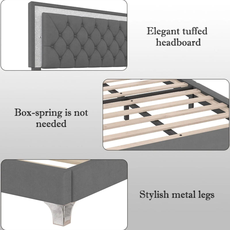 3-Pieces Bedroom Set, Queen Size Upholstered Platform Bed with LED Lights and Two Nightstands - Gray by HouseOfZazla