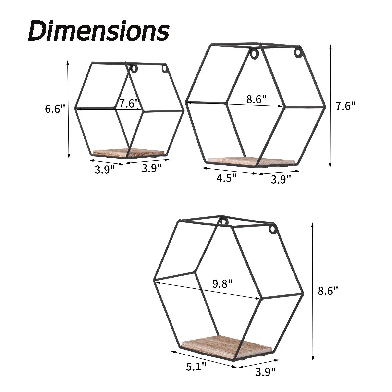 Wall Mounted Hexagonal Floating Shelves - Black (Set of 3) In Different Sizes, Modern Metal Wall Shelf, Simple Wood Partition Storage Shelves, Wall Decor Rack - Natural Wood by HouseOfZazla