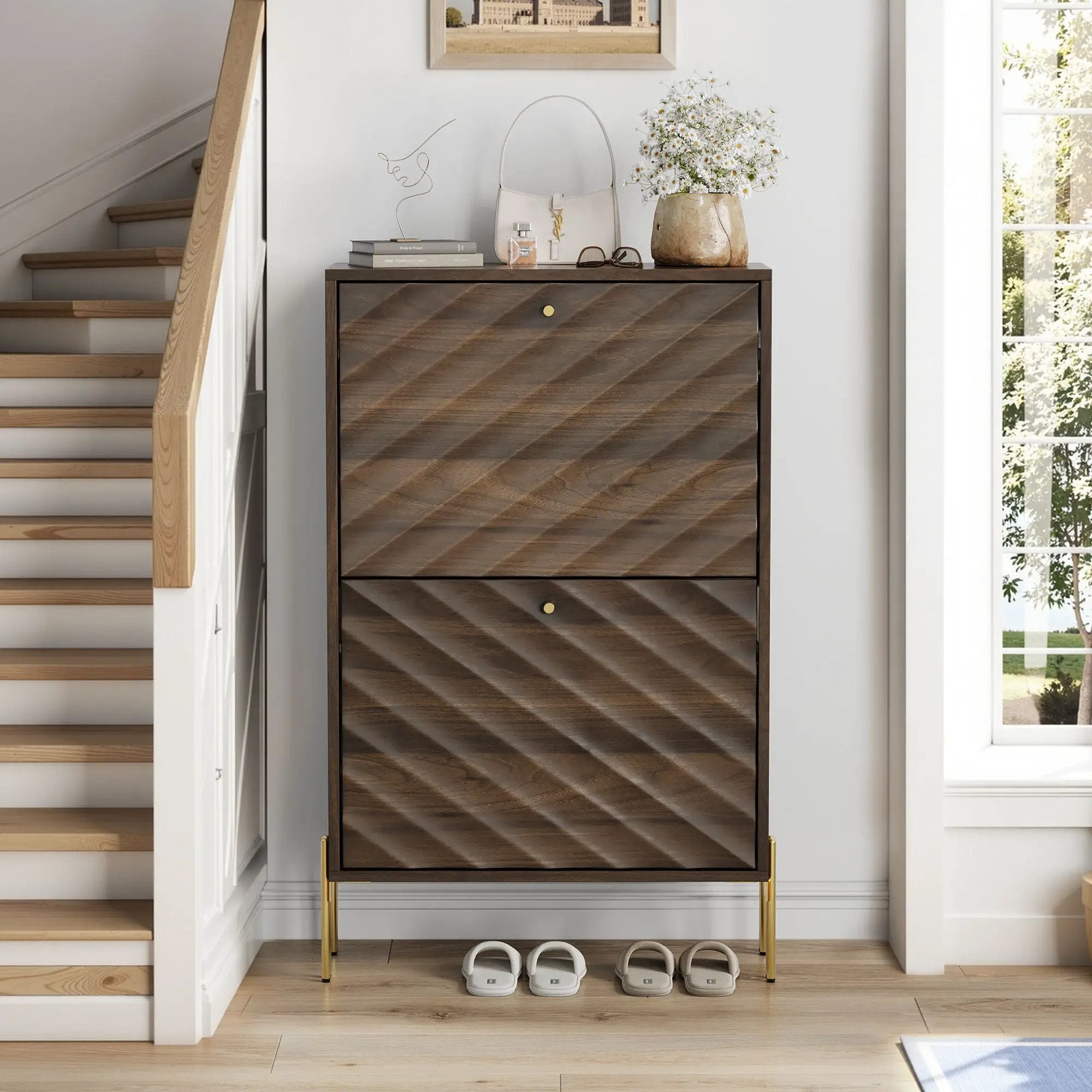 Shoe Cabinet, Freestanding Organizer For Entryway - Walnut by HouseOfZazla