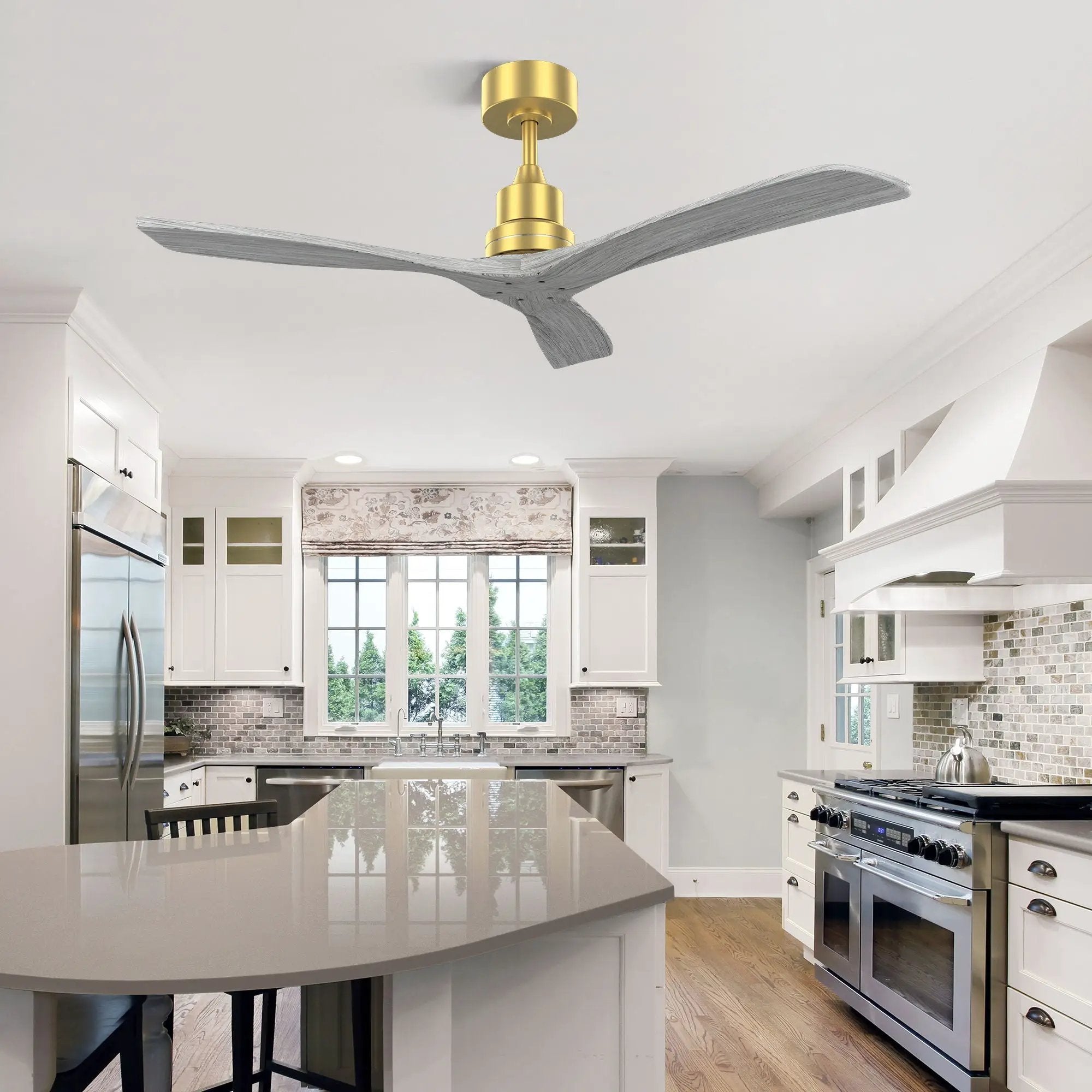 Indoor Ceiling Fan Without Light 3 Solid Wood Blades Remote Control Reversible Dc Motor - Gold by HouseOfZazla