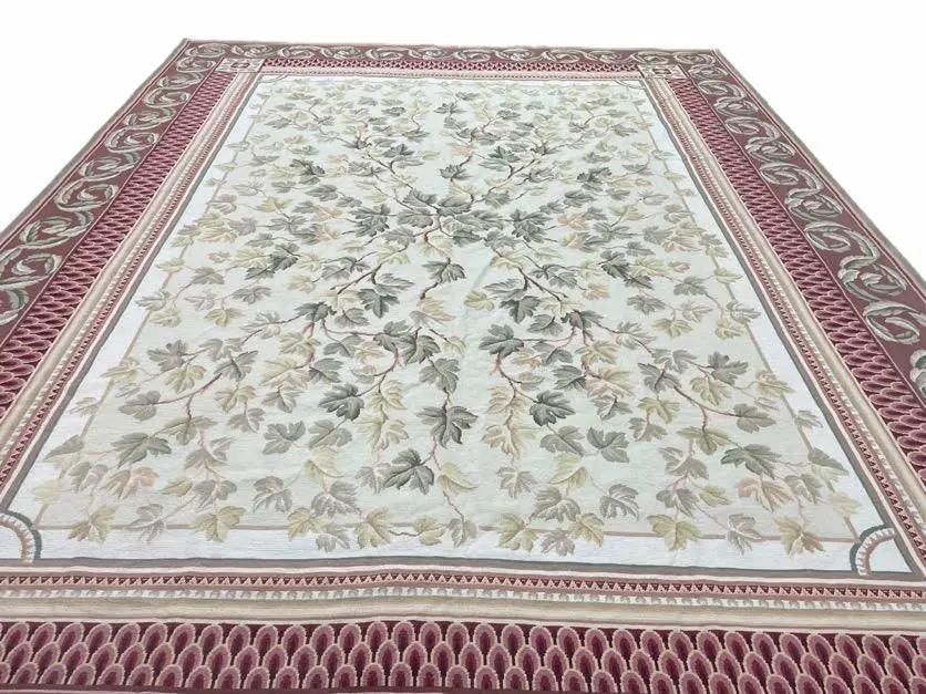 Aubusson Needlepoint Rug 9x12, Flatweave Carpet, Leaves, Wool, New, Handmade by Jewel Rugs