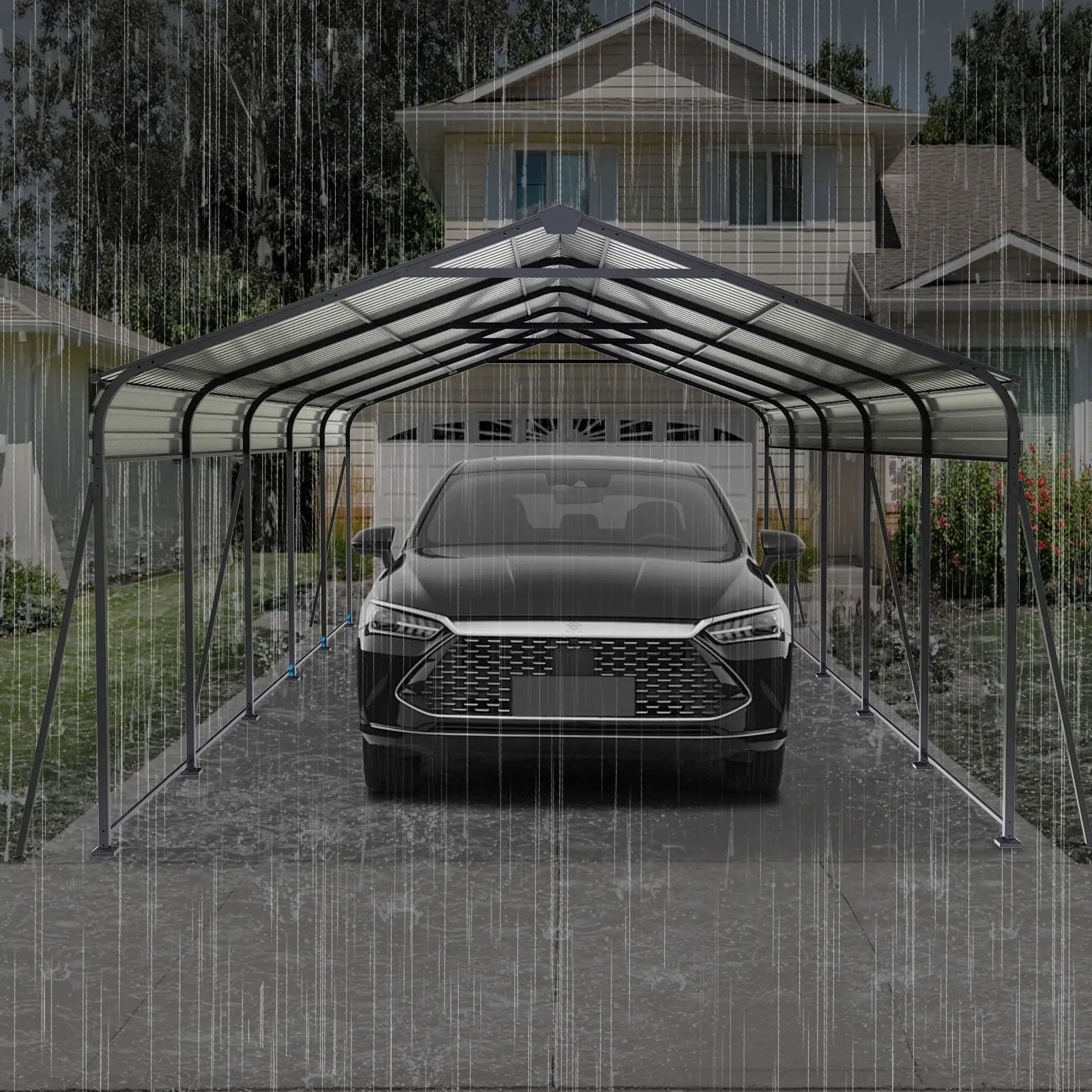 Metal Carport 13 X 26.5 Ft Heavy Duty With Galvanized Steel Roof Metal Garage Canopy With Galvanized Steel Roof & Frame Car Tent Outdoor Storage Shed For Car Boats And Truck - Gray by HouseOfZazla