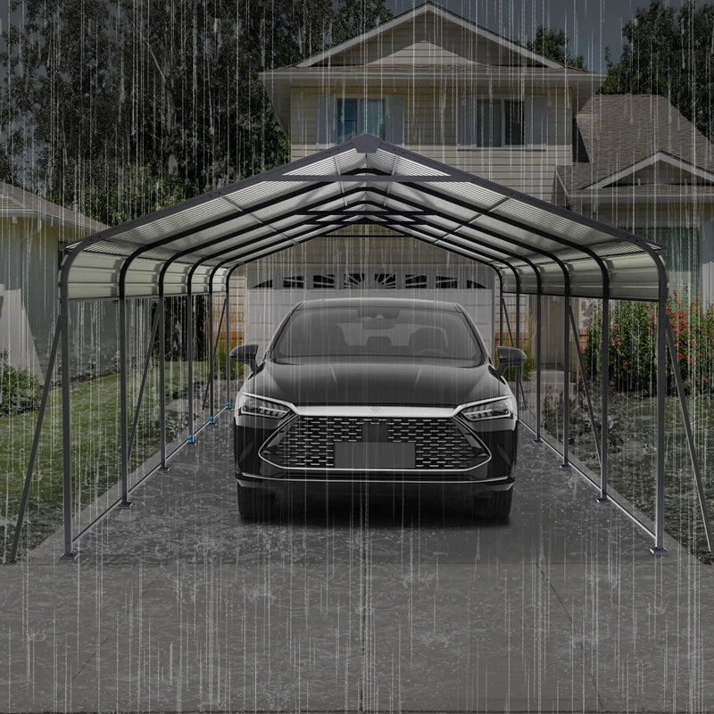 Metal Carport 13 X 26.5 Ft Heavy Duty With Galvanized Steel Roof Metal Garage Canopy With Galvanized Steel Roof & Frame Car Tent Outdoor Storage Shed For Car Boats And Truck - Gray by HouseOfZazla